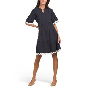White Closet Navy 100% Cotton Tiered Dress White Trim Size Large